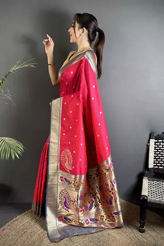Women pinkish red peacock motifs lichi silk saree