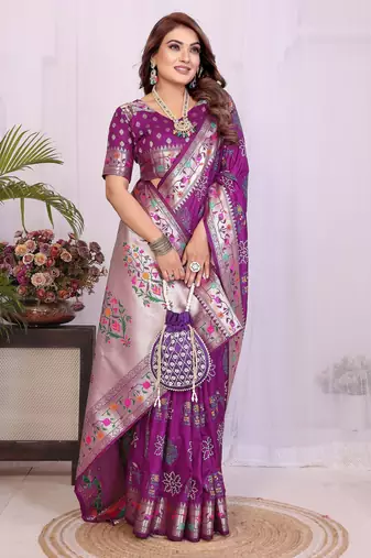 Purple dola silk bandhej print zari weaving saree with matching blouse piece