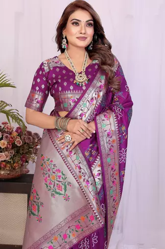 Purple dola silk bandhej print zari weaving saree with matching blouse piece