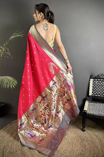 Women pinkish red peacock motifs lichi silk saree