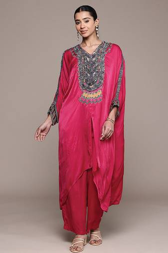 Red embroidered modal kurta set