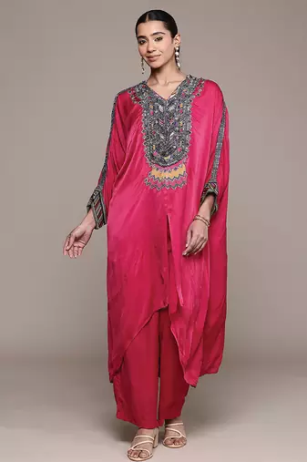 Red embroidered modal kurta set