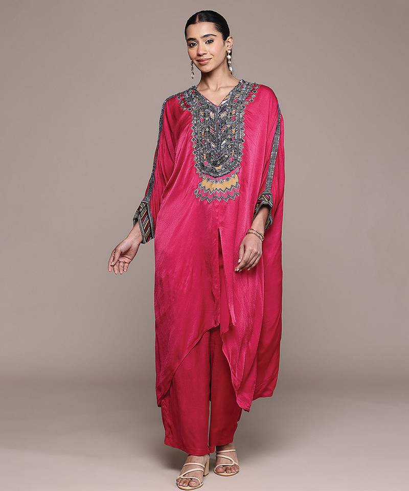 Red embroidered modal kurta set