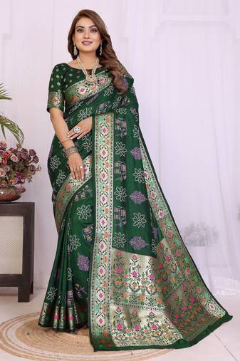 Green dola silk bandhej print zari weaving saree with matching blouse piece