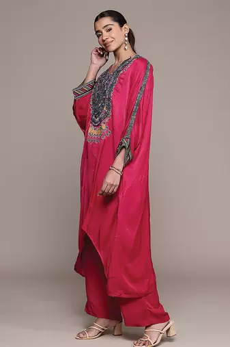 Red embroidered modal kurta set