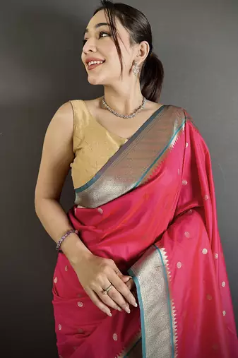 Women pinkish red peacock motifs lichi silk saree