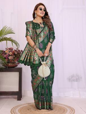 Green dola silk bandhej print zari weaving saree with matching blouse piece 3