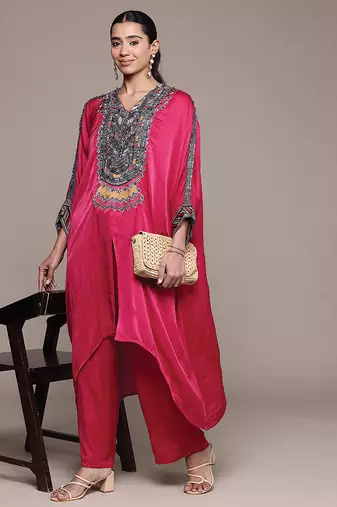 Red embroidered modal kurta set