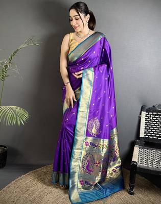 Women purple peacock motifs lichi silk blend saree 1