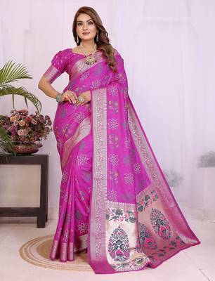 Pink dola silk bandhej print zari weaving saree with matching blouse piece 1