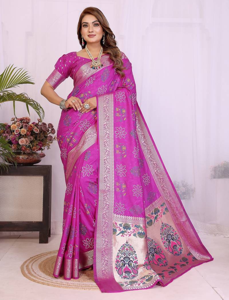 Pink dola silk bandhej print zari weaving saree with matching blouse piece