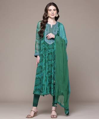 Emerald green printed chiffon kurta set 1