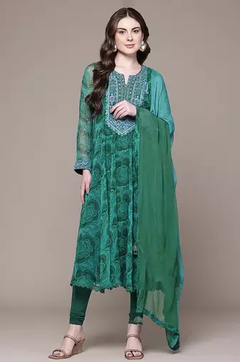 Emerald green printed chiffon kurta set
