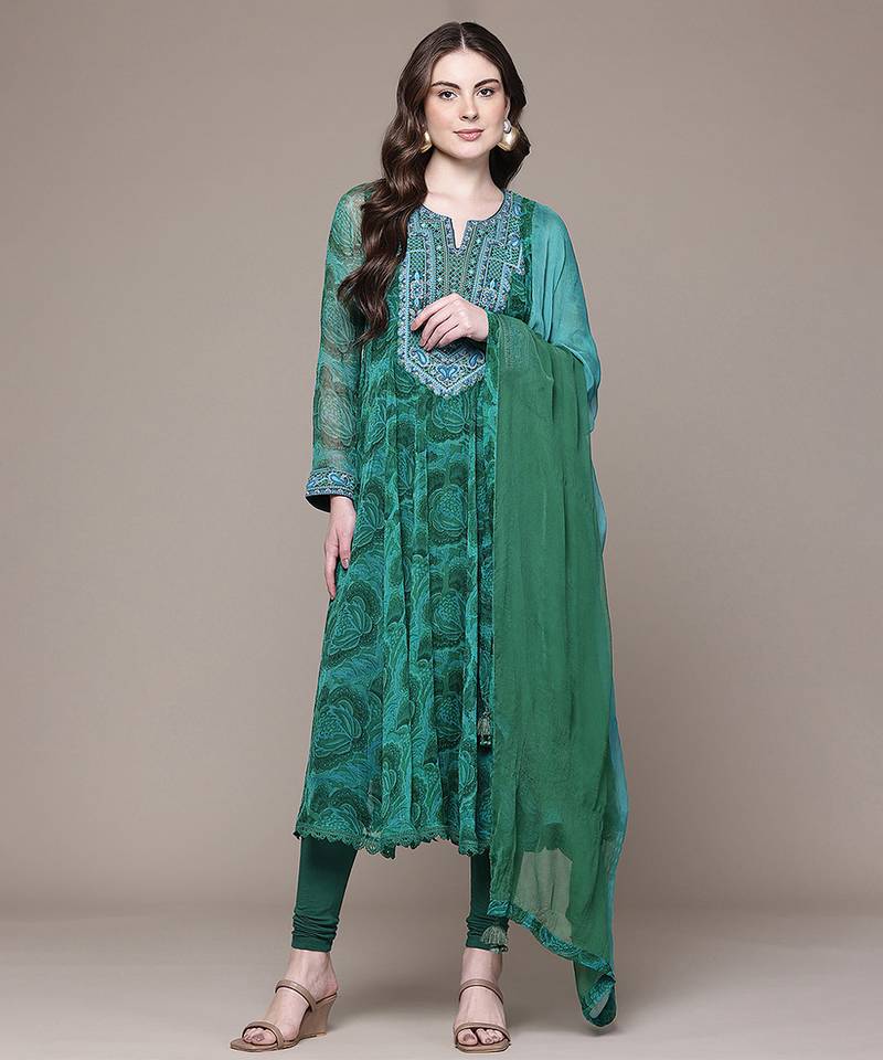 Emerald green printed chiffon kurta set