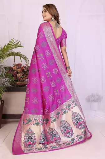 Pink dola silk bandhej print zari weaving saree with matching blouse piece