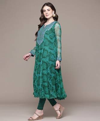 Emerald green printed chiffon kurta set 2