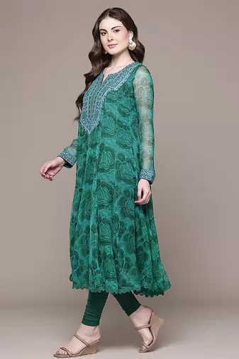 Emerald green printed chiffon kurta set