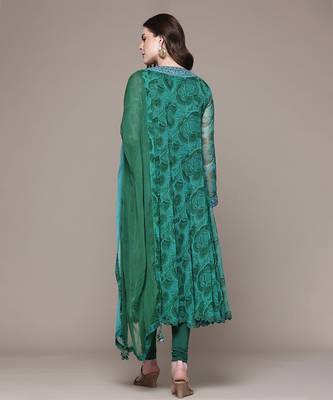 Emerald green printed chiffon kurta set 3