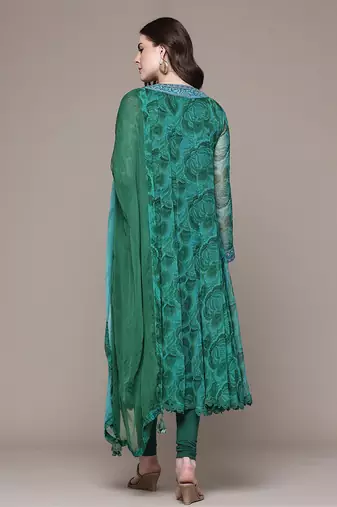 Emerald green printed chiffon kurta set