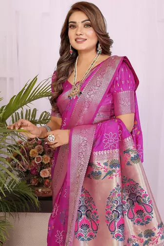 Pink dola silk bandhej print zari weaving saree with matching blouse piece
