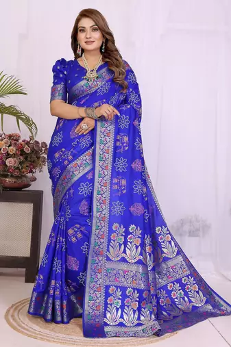 Blue dola silk bandhej print zari weaving saree with matching blouse piece