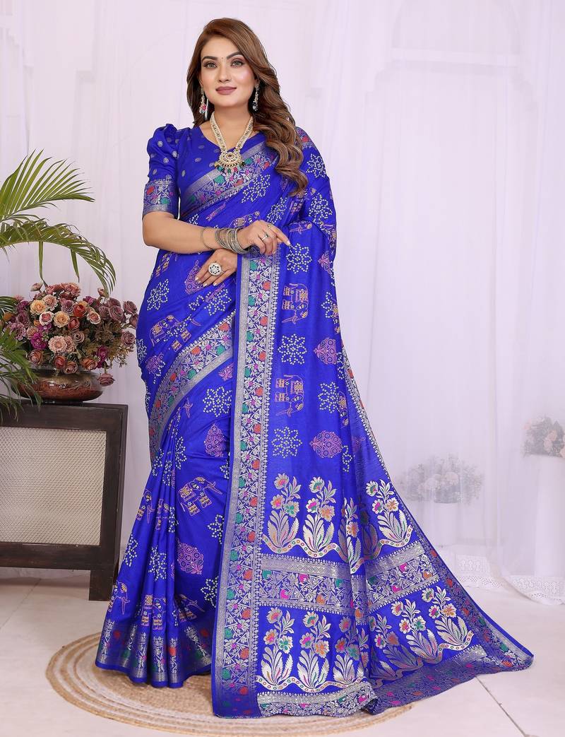 Blue dola silk bandhej print zari weaving saree with matching blouse piece