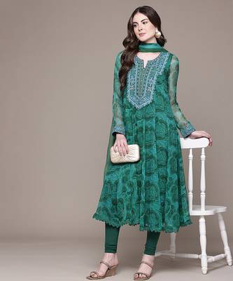 Emerald green printed chiffon kurta set 4