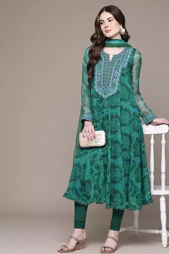 Emerald green printed chiffon kurta set