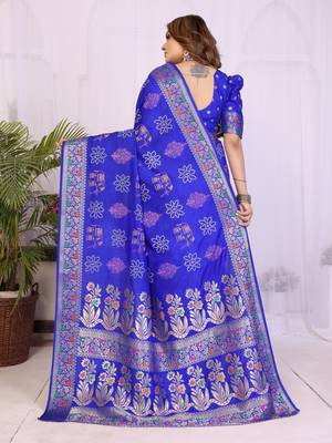 Blue dola silk bandhej print zari weaving saree with matching blouse piece 2