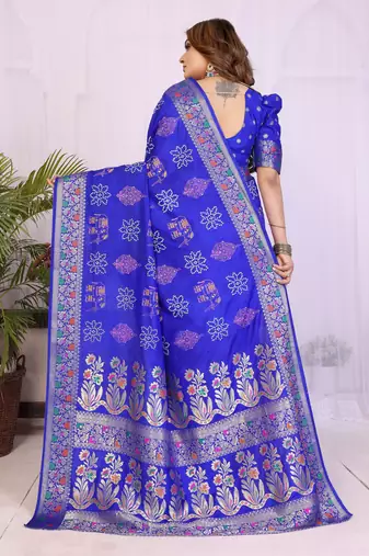 Blue dola silk bandhej print zari weaving saree with matching blouse piece