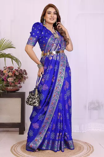 Blue dola silk bandhej print zari weaving saree with matching blouse piece
