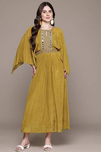 Yellow embroidered silk dress