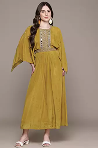 Yellow embroidered silk dress