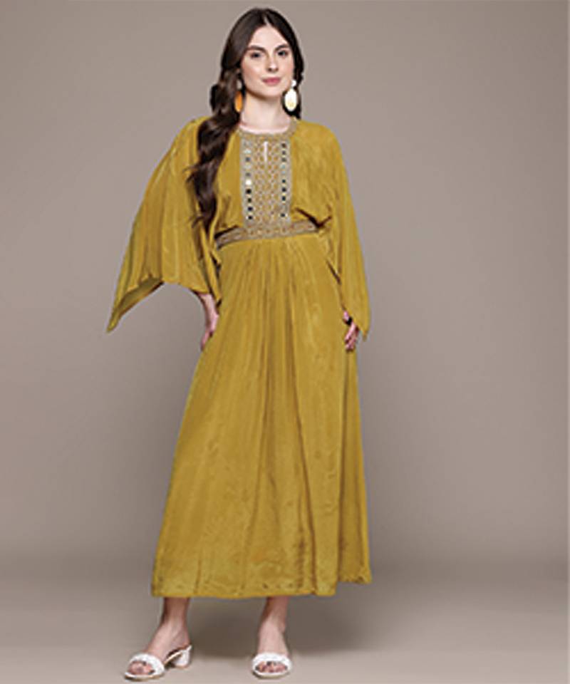 Yellow embroidered silk dress