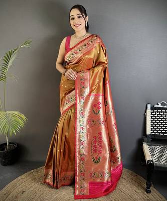 Women peach ikkat floral motifs lichi silk blend saree 1
