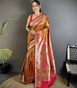 Women peach ikkat floral motifs lichi silk saree
