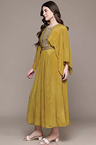 Yellow embroidered silk dress