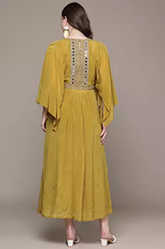 Yellow embroidered silk dress