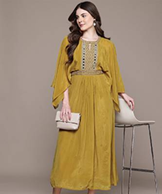 Yellow embroidered silk dress 4