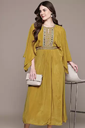 Yellow embroidered silk dress