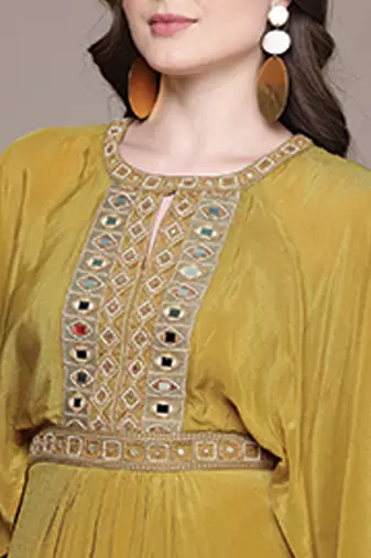 Yellow embroidered silk dress
