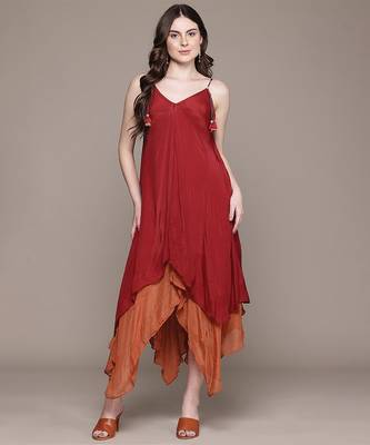 Red chinon indo western dress 1