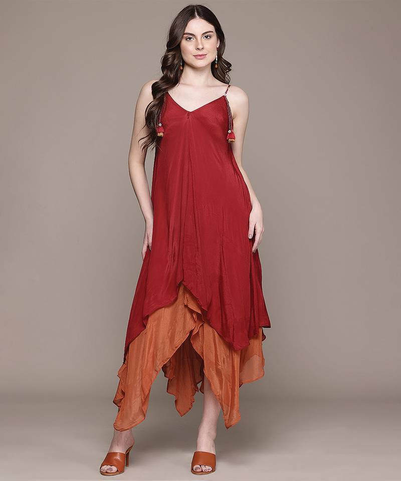 Red chinon indo western dress