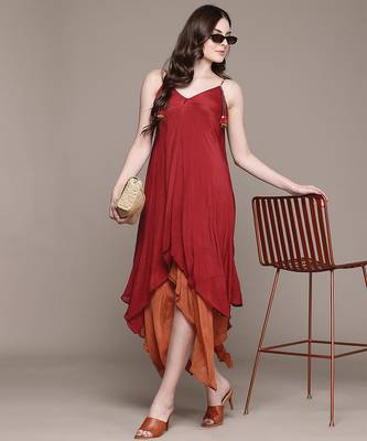 Red chinon indo western dress 4