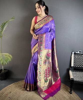 Women lavender ikkat floral motifs lichi silk saree 1