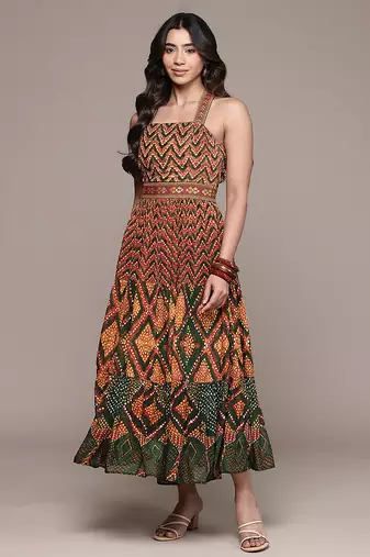 Green printed chinon dress