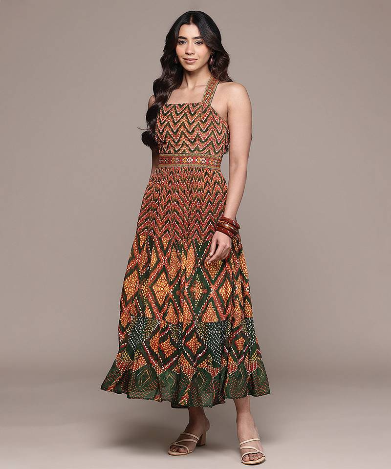 Green printed chinon dress