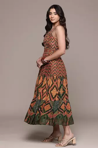 Green printed chinon dress