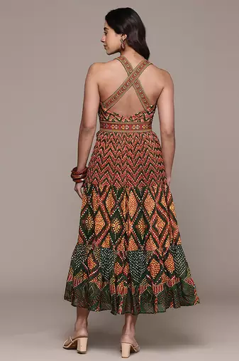 Green printed chinon dress