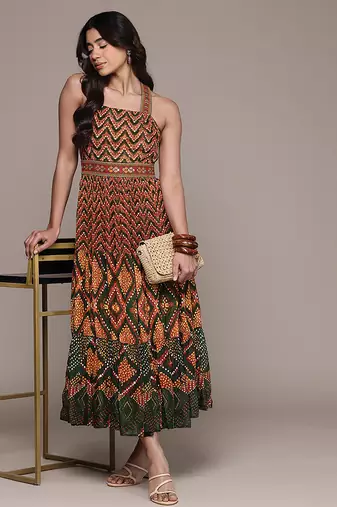 Green printed chinon dress